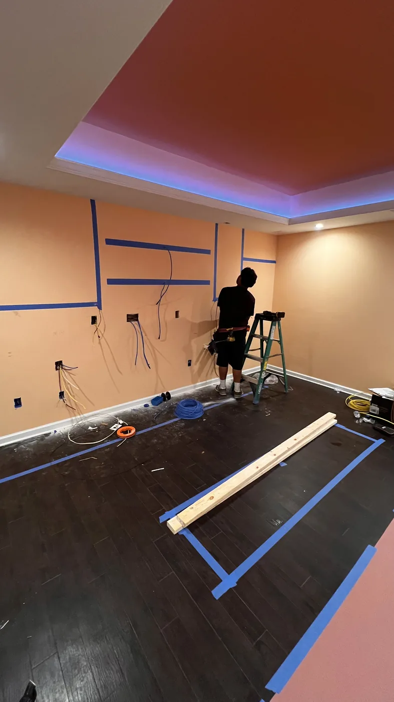 Existing basement wall prepared for a custom bar in Johns Creek, GA