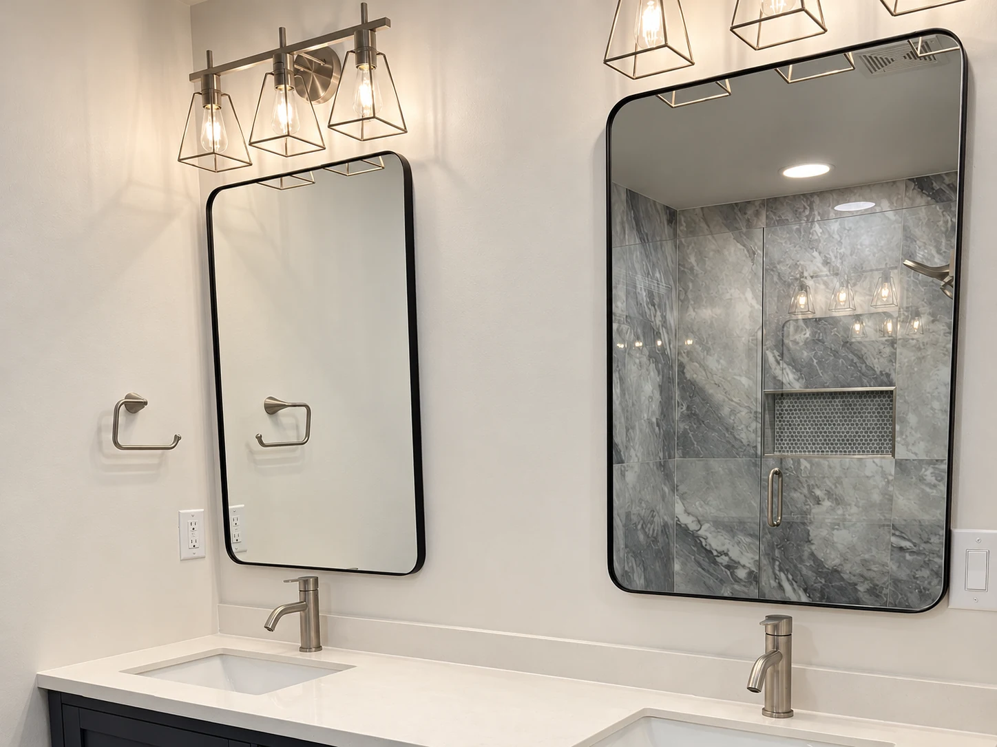 Custom bathroom vanity, mirrors and stone finishes