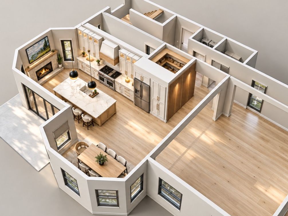 Three-dimensional design rendering showing a proposed open-concept remodel