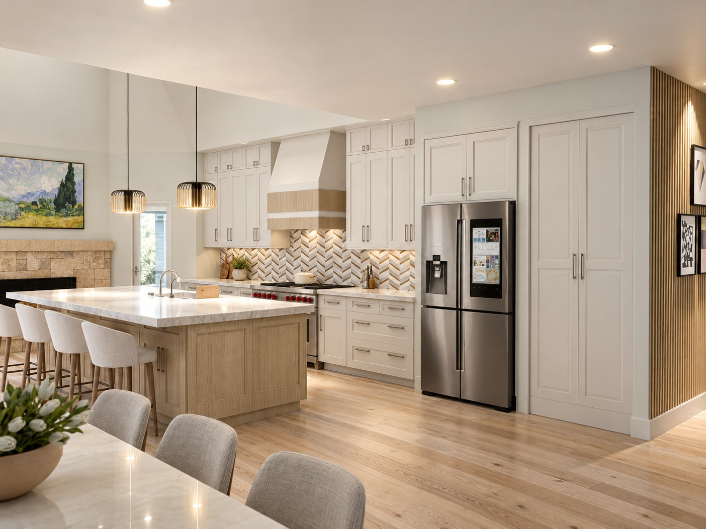 Kitchen design rendering with island and custom cabinetry