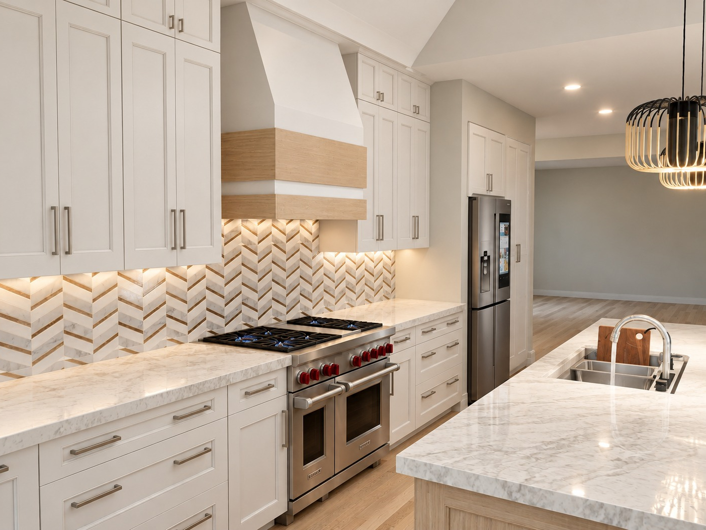 Detailed kitchen design rendering with appliance and lighting layout