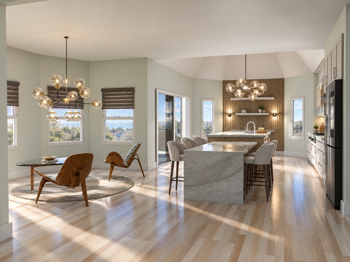 Open kitchen and living space design rendering