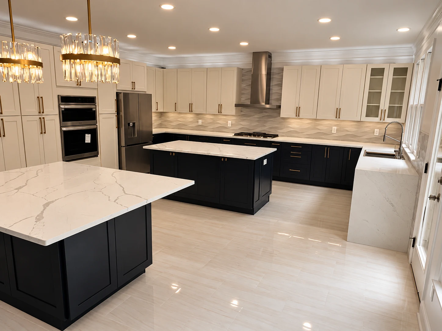Open-concept kitchen renovation with navy island